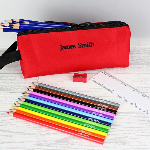 Red Pencil Case with Personalised Pencils & Crayons
