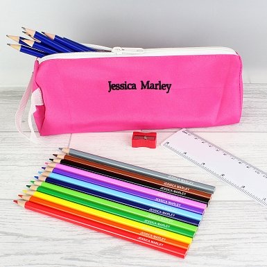 Pink Pencil Case with Personalised Pencils & Crayons