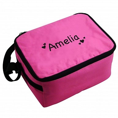 Personalised Black Hearts Pink Lunch Bag