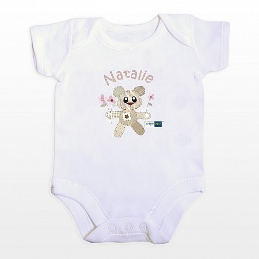 Personalised Cotton Zoo Girls Tweed the Bear 0-3 Months Baby Vest