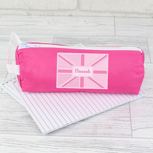 Personalised Pink Patchwork Union Jack Pencil Case