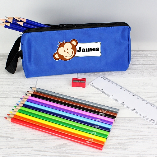 Blue Monkey Pencil Case with Personalised Pencils & Crayons