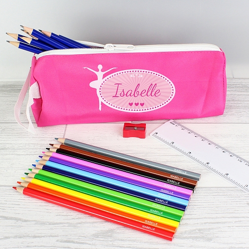 Pink Ballerina Pencil Case with Personalised Pencils & Crayons