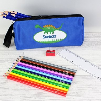 Blue Dinosaur Pencil Case with Personalised Pencils & Crayons