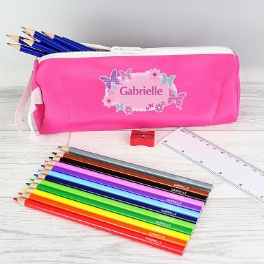 Pink Butterfly Pencil Case with Personalised Pencils & Crayons