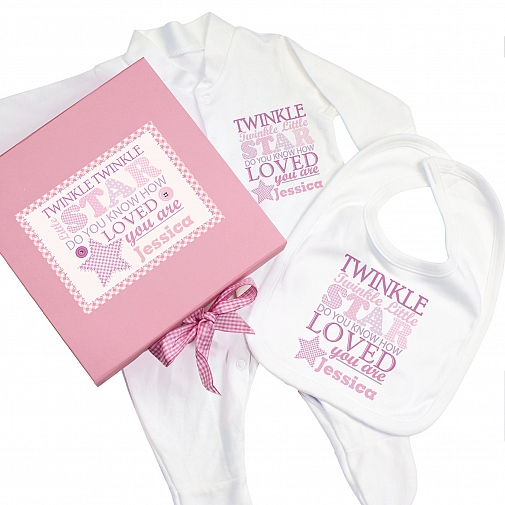 Personalised Twinkle Girls Pink Gift Set - Babygrow & Bib