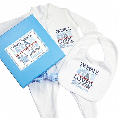 Personalised Twinkle Boys Blue Gift Set - Babygrow & Bib