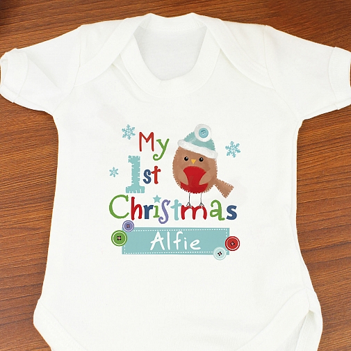 Personalised Felt Stitch Robin 'My 1st Baby Christmas' Baby Vest