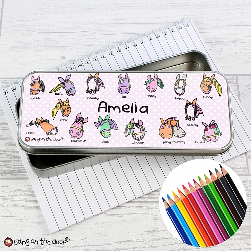 Personalised Bang on the Door Pony Pencil Tin with Pencil Crayons