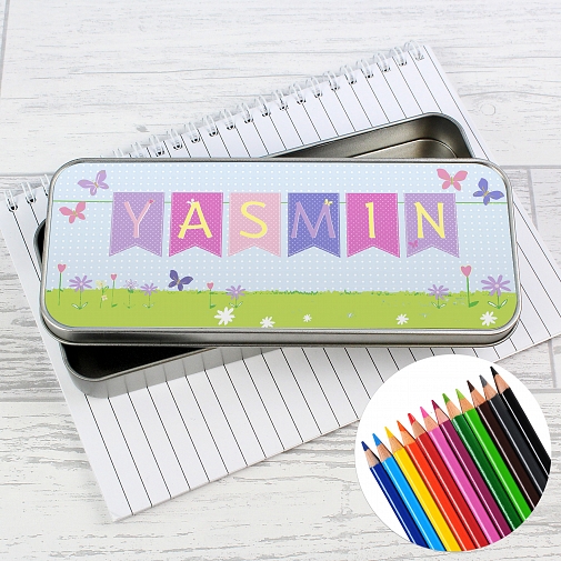 Personalised Garden Bunting Pencil Tin with Pencil Crayons