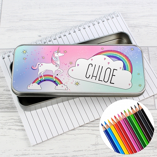 Personalised Unicorn Pencil Tin with Pencil Crayons
