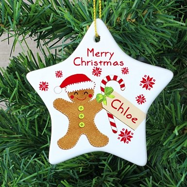 Personalised Felt Stitch Gingerbread Man Ceramic Star Decoration