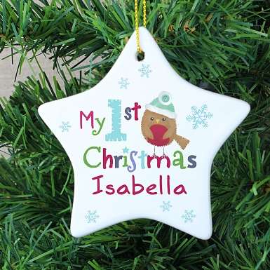 Personalised Felt Stitch Robin 'My 1st Christmas' Ceramic Star Decoration