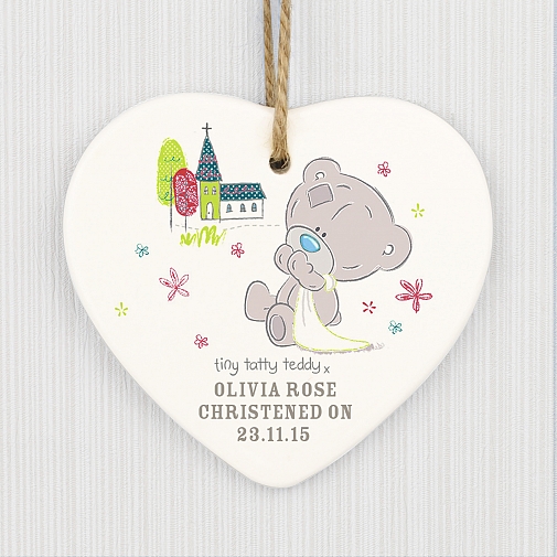 Personalised Tiny Tatty Teddy Christening Ceramic Heart Decoration