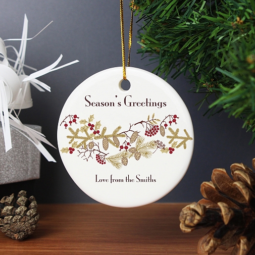 Personalised Christmas Floral Round Ceramic Decoration