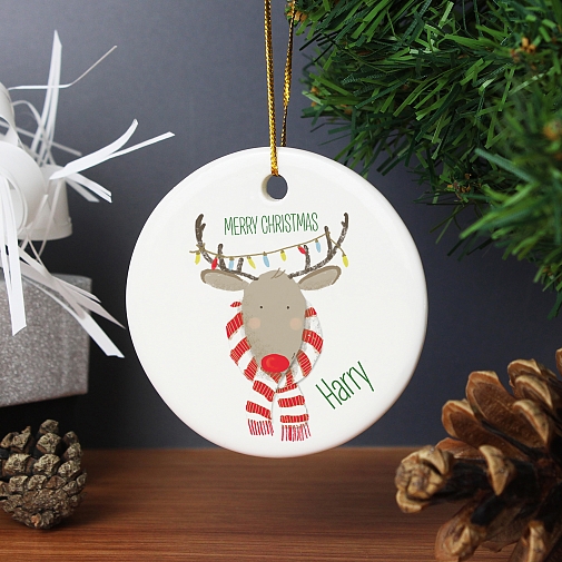 Personalised Retro Reindeer Round Ceramic Decoration