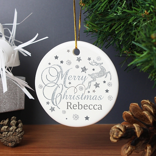 Personalised Silver Reindeer Round Ceramic Decoration