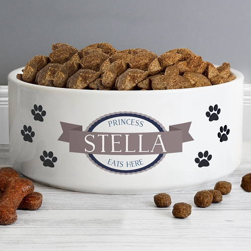 Personalised Blue Paws 16cm Large White Pet Bowl