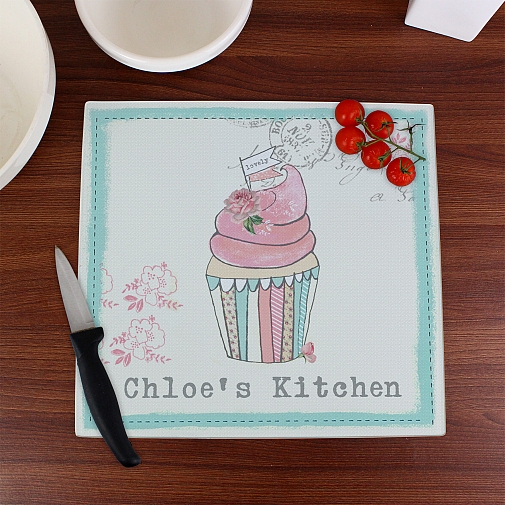 Personalised Vintage Pastel Cupcake Glass Chopping Board