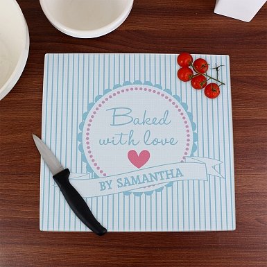 Personalised Baked With Love Glass Chopping Board