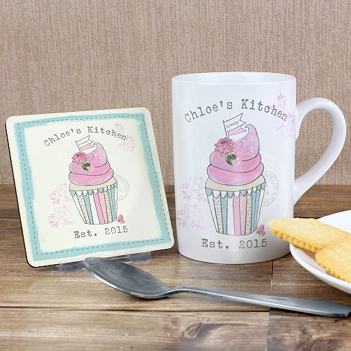 Personalised Vintage Pastel Cupcake Mug & Coaster Set