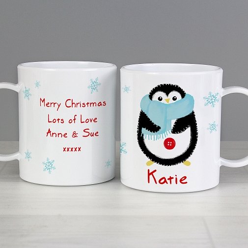 Personalised Felt Stitch Penguin Plastic Mug