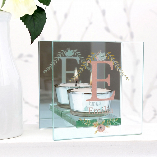 Personalised Floral Bouquet Mirrored Glass Tea Light Holder