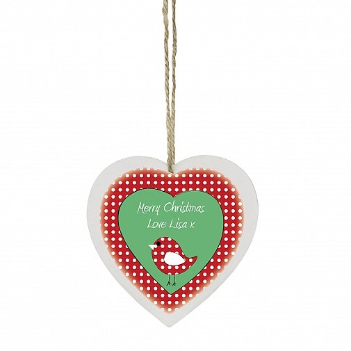 Personalised Christmas Bird Design Wooden Heart Shaped Decoration