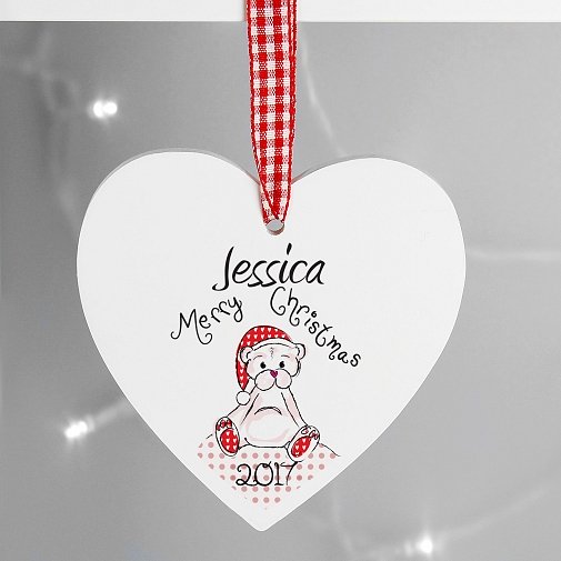 Personalised Christmas Teddy Design Wooden Heart Shaped Decoration