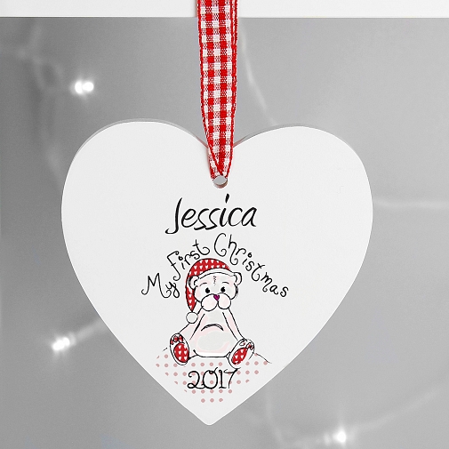 Personalised 1st Christmas Teddy Design Wooden Heart Shaped Decoration