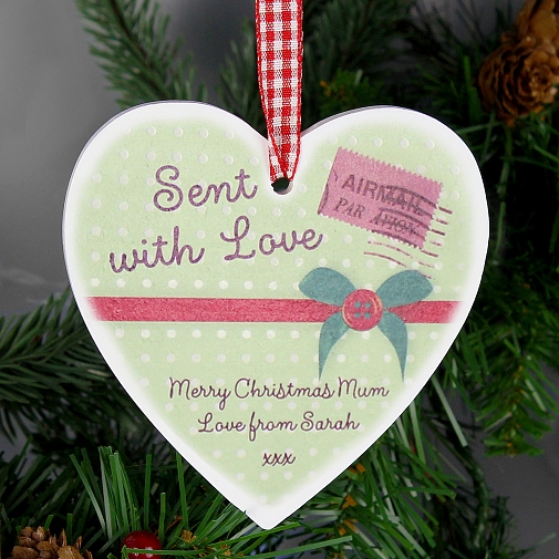 Personalised Sent With Love Wooden Heart Decoration