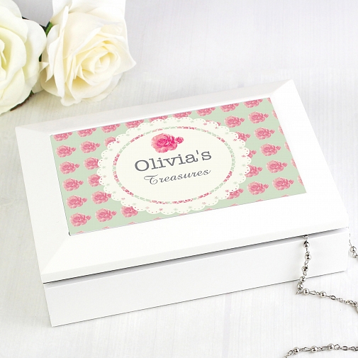 Personalised Vintage Rose White Jewellery Box