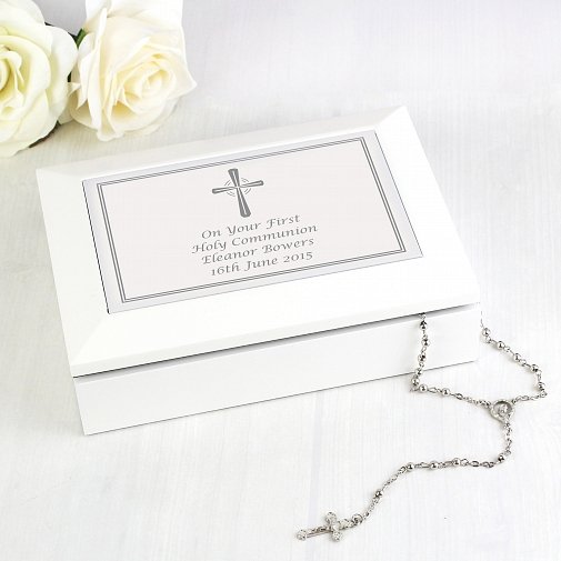 Personalised Silver Cross White Wooden Keepsake Box