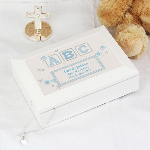 Personalised Blue ABC White Wooden Keepsake Box