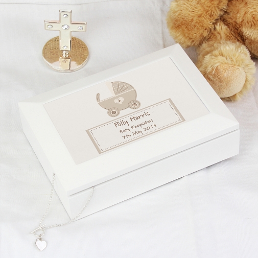 Personalised Stitched Pram White Wooden Keepsake Box