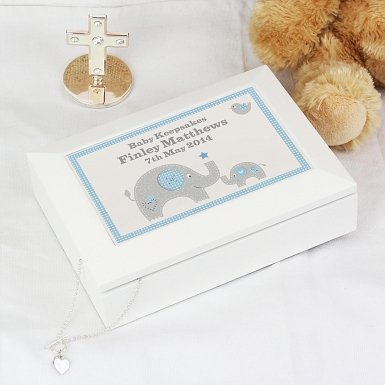 Personalised Blue Baby Elephant White Wooden Keepsake Box