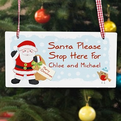 Personalised Felt Stitch Santa Stop Here Wooden Sign