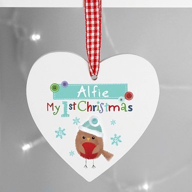 Personalised Felt Stitch Robin 'My 1st Christmas' Wooden Heart Decoration