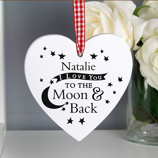 Personalised To the Moon and Back Wooden Heart Decoration