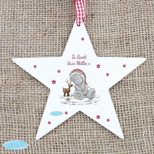 Personalised Me To You Reindeer Wooden Star Decoration