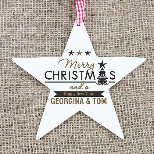 Personalised Merry Christmas And A Happy New Year Wooden Star Decoration