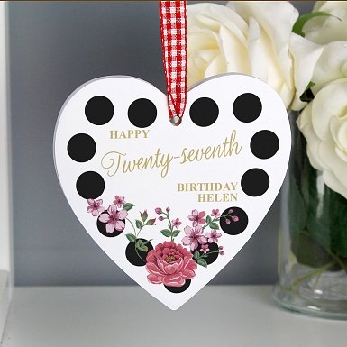 Personalised Floral Dot Wooden Heart Decoration