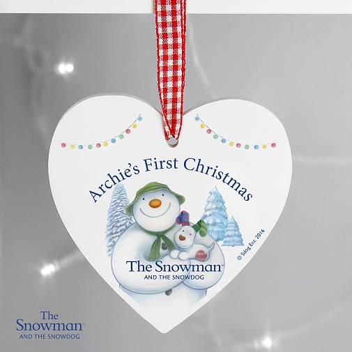 Personalised The Snowman and the Snowdog Wooden Heart Decoration