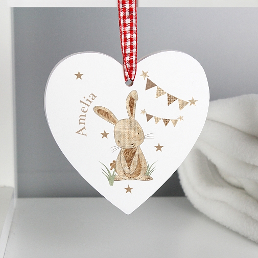 Personalised Hessian Rabbit Wooden Heart Decoration
