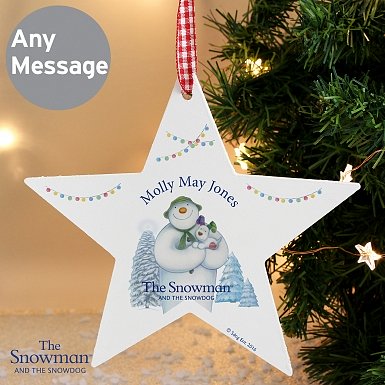 Personalised The Snowman and the Snowdog Wooden Star Decoration