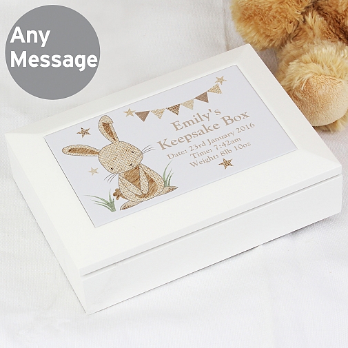 Personalised Hessian Rabbit Wooden Jewellery Box