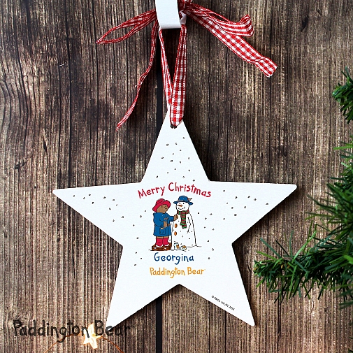 Personalised Paddington Bear Christmas Wooden Star Decoration