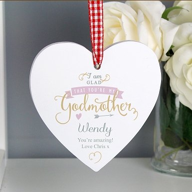 Personalised I Am Glad... Godmother Wooden Heart Decoration