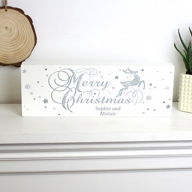 Personalised Silver Reindeer Wooden Block Sign