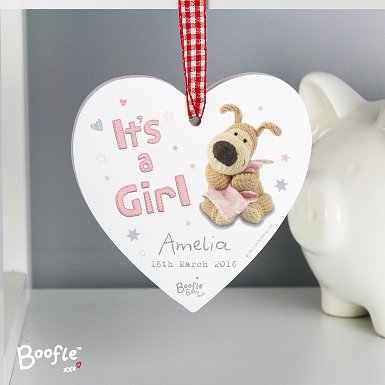 Personalised Boofle It's a Girl Wooden Heart Decoration